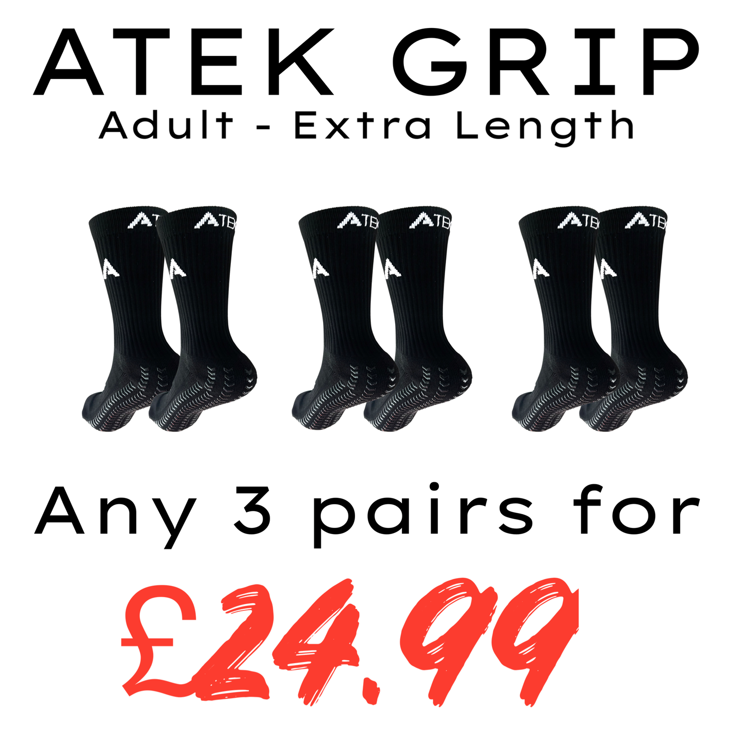 ATEK 3.0 GAME Grip - Black - Adult EXTRA LENGTH - 3 pairs for £24.99